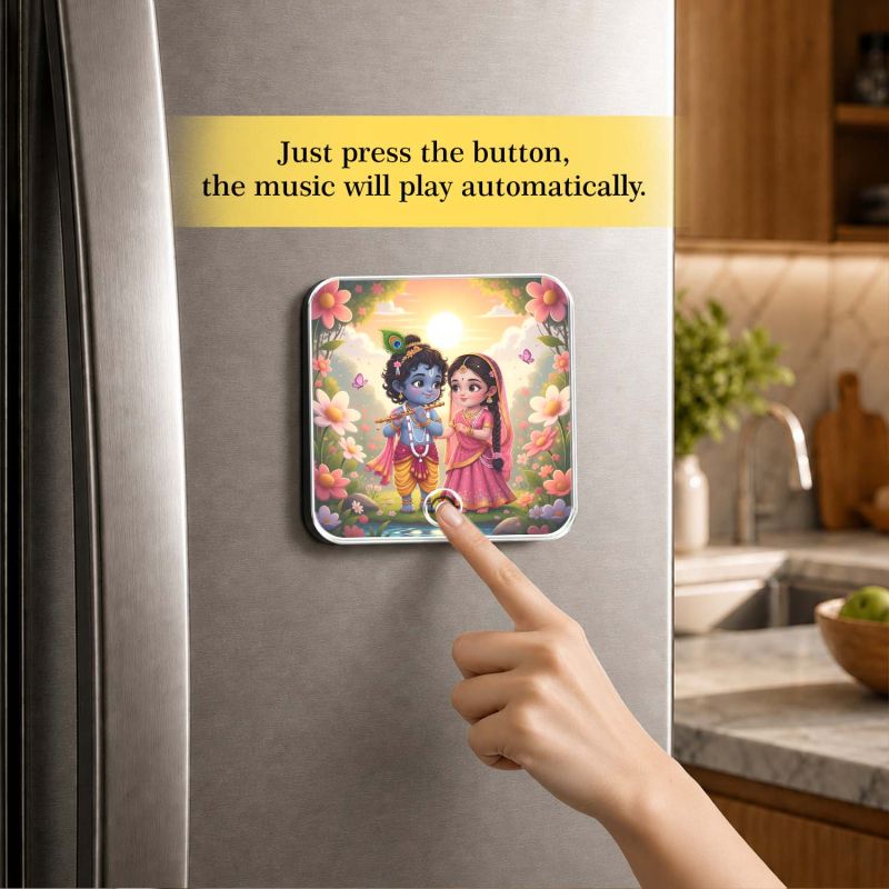Shri Radha Krishna Musical Fridge Magnet Religious Decoration for Pooja Room, Home Decor Item for Living Room, Office Music Player with Rechargeable Speaker Spiritual Gift for Birthday
